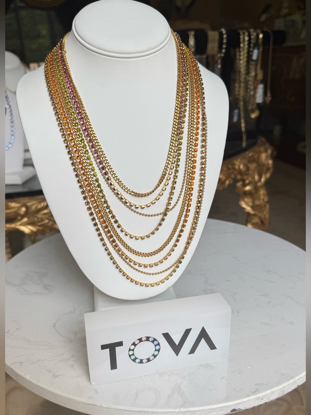 Tova Multi-Strand Gold Chain Necklace with Pink orange, taupe and olive.
